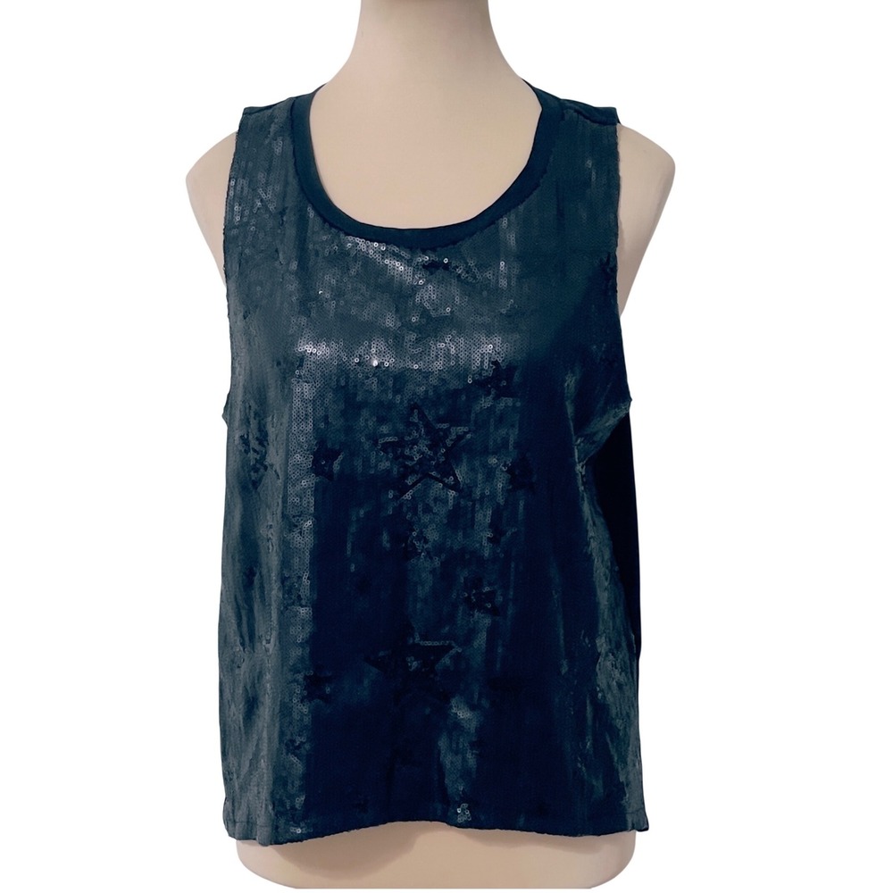 BSB Jeans Women Sequin Star Tank Top Medium Black‎ Sleeveless Glam Gothic Edgy